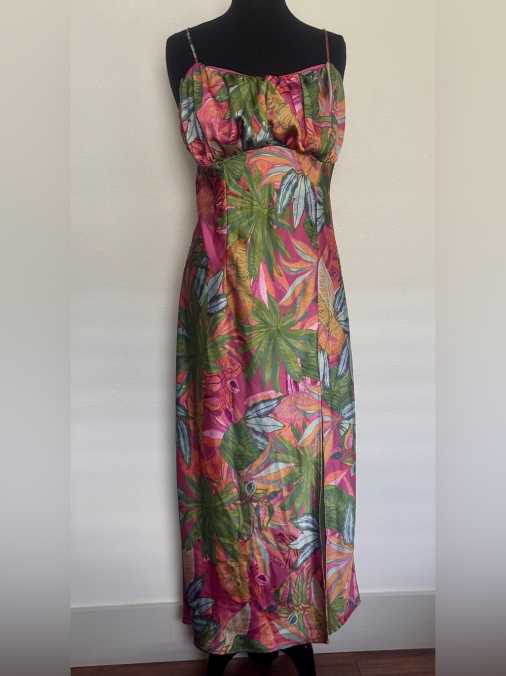 H&M Divided Tropical Maxi Dress XL Pink Palm Print Lace Up Back Side Slit